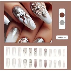 Boho Dreamcatcher Press On Nails White Silver Glitter Coffin Long CY1068-K2-B7